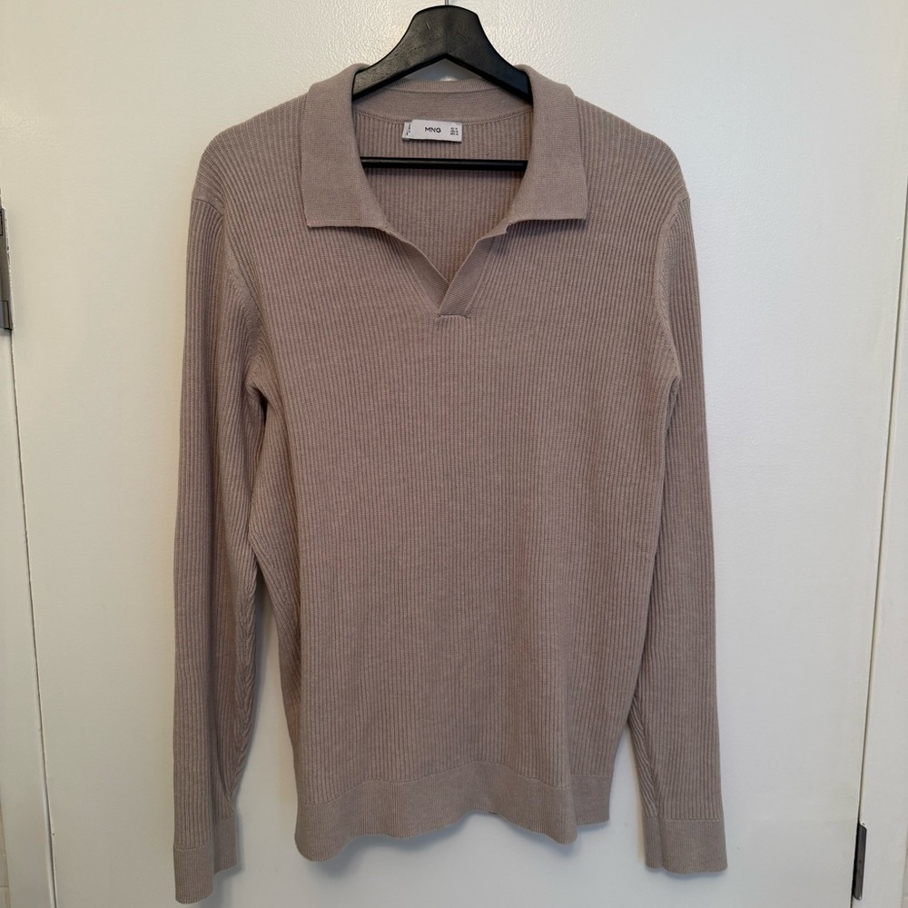 Mango Men's Long Sleeve Ribbed Polo in Taupe